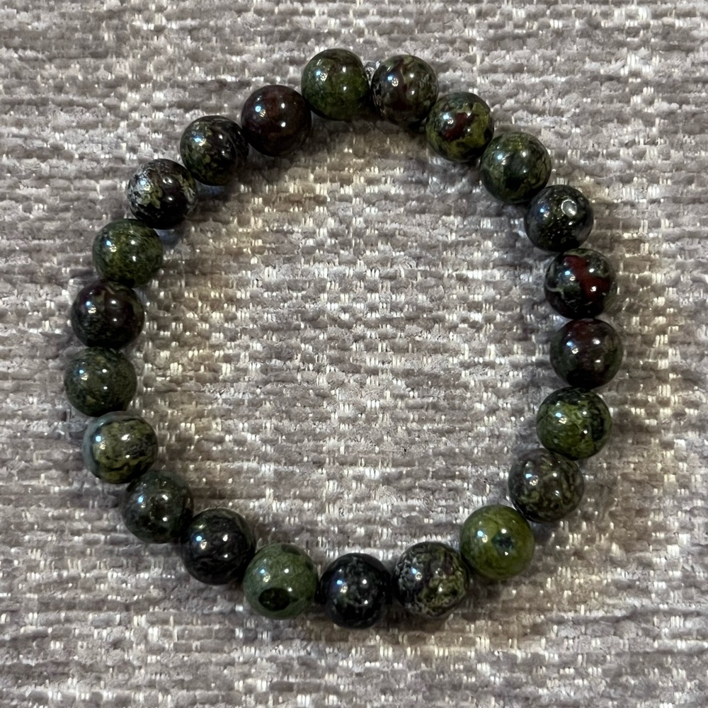 Handmade Goth Natural Healing Dragon Bloodstone Stone Beaded Bracelet, Size 7”